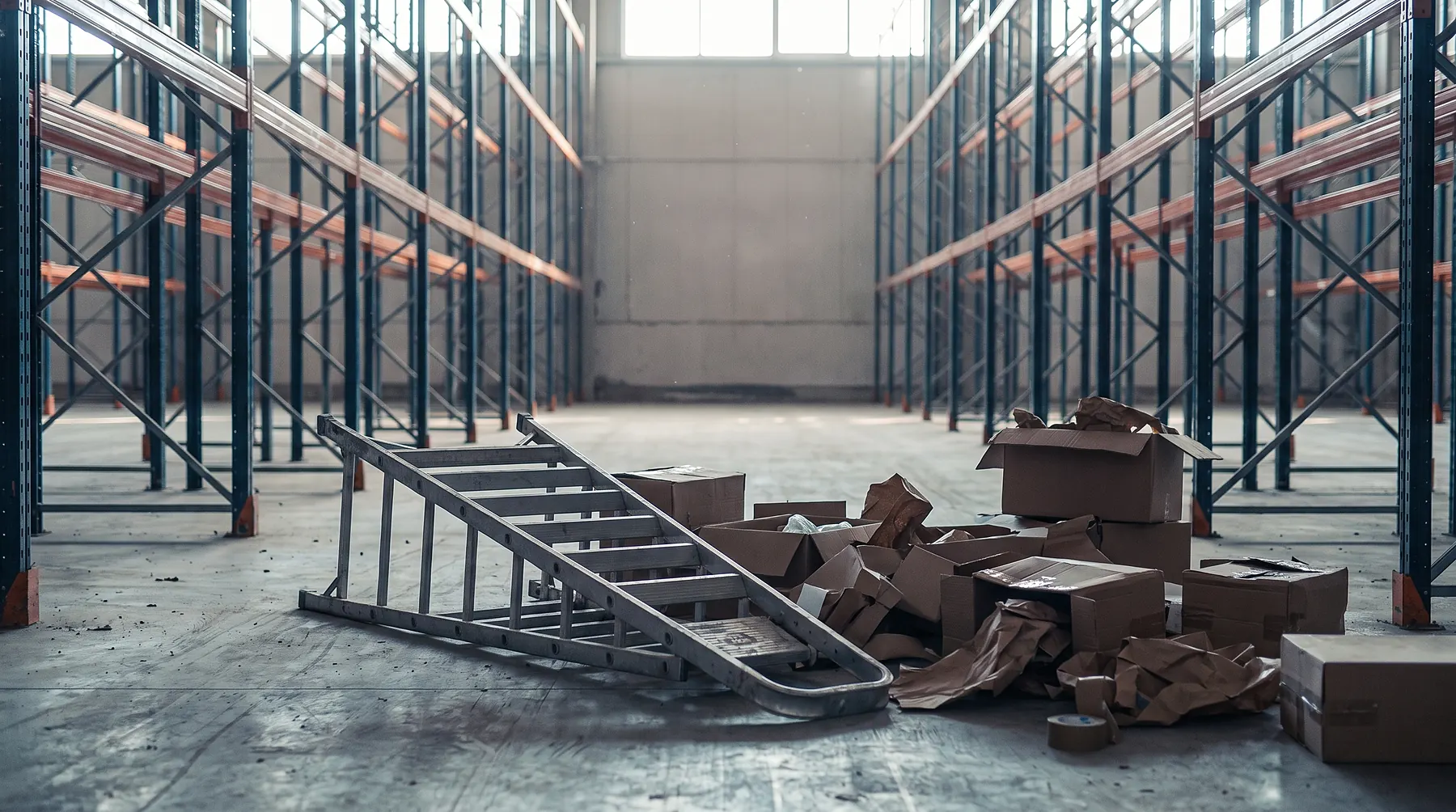 Empty warehouse aisle with a knocked-over stepladder and scattered cardboard boxes on the concrete floor