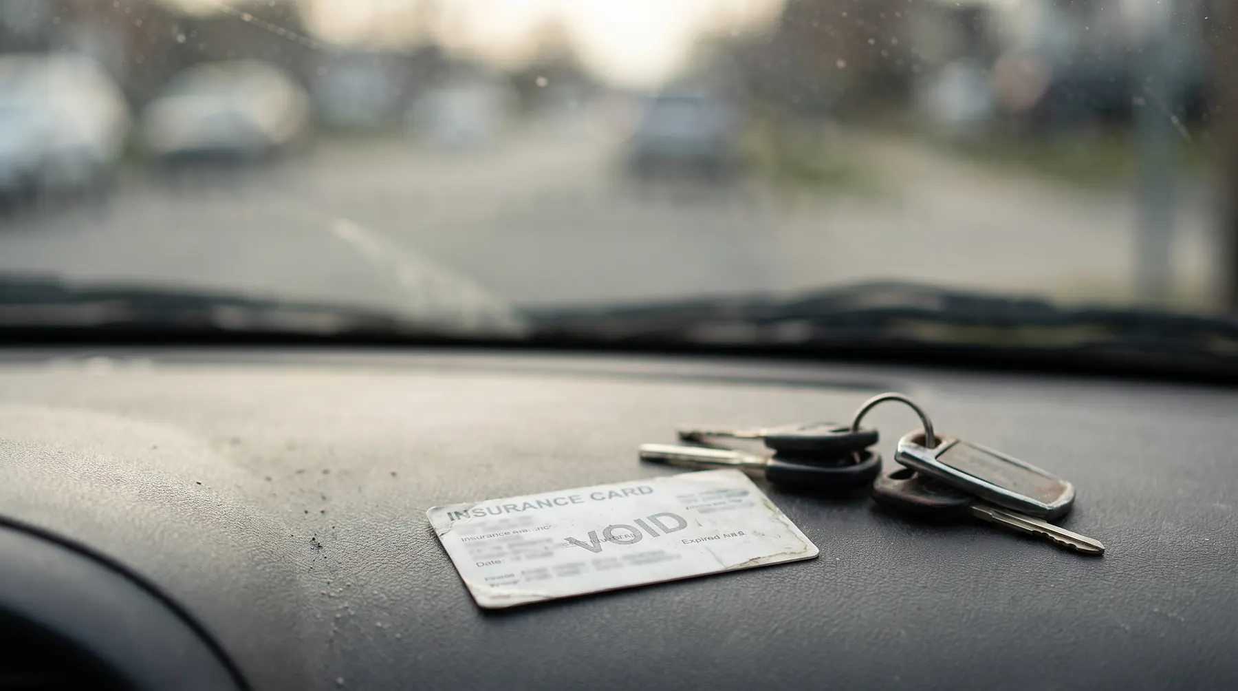 Close-up of an expired insurance card lying on a car dashboard next to car keys