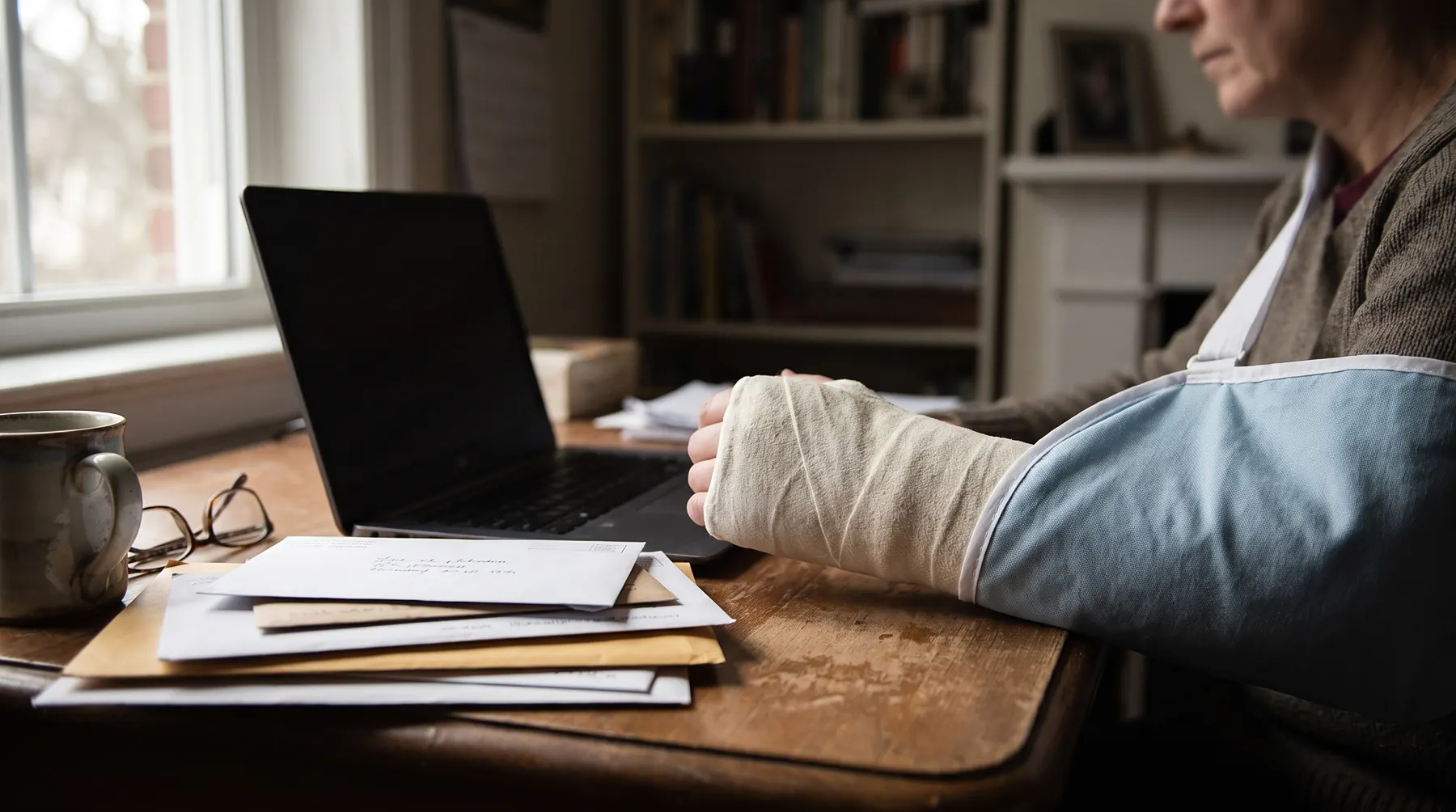 An arm in a plaster cast resting on a home desk beside a closed laptop and a stack of unopened mail