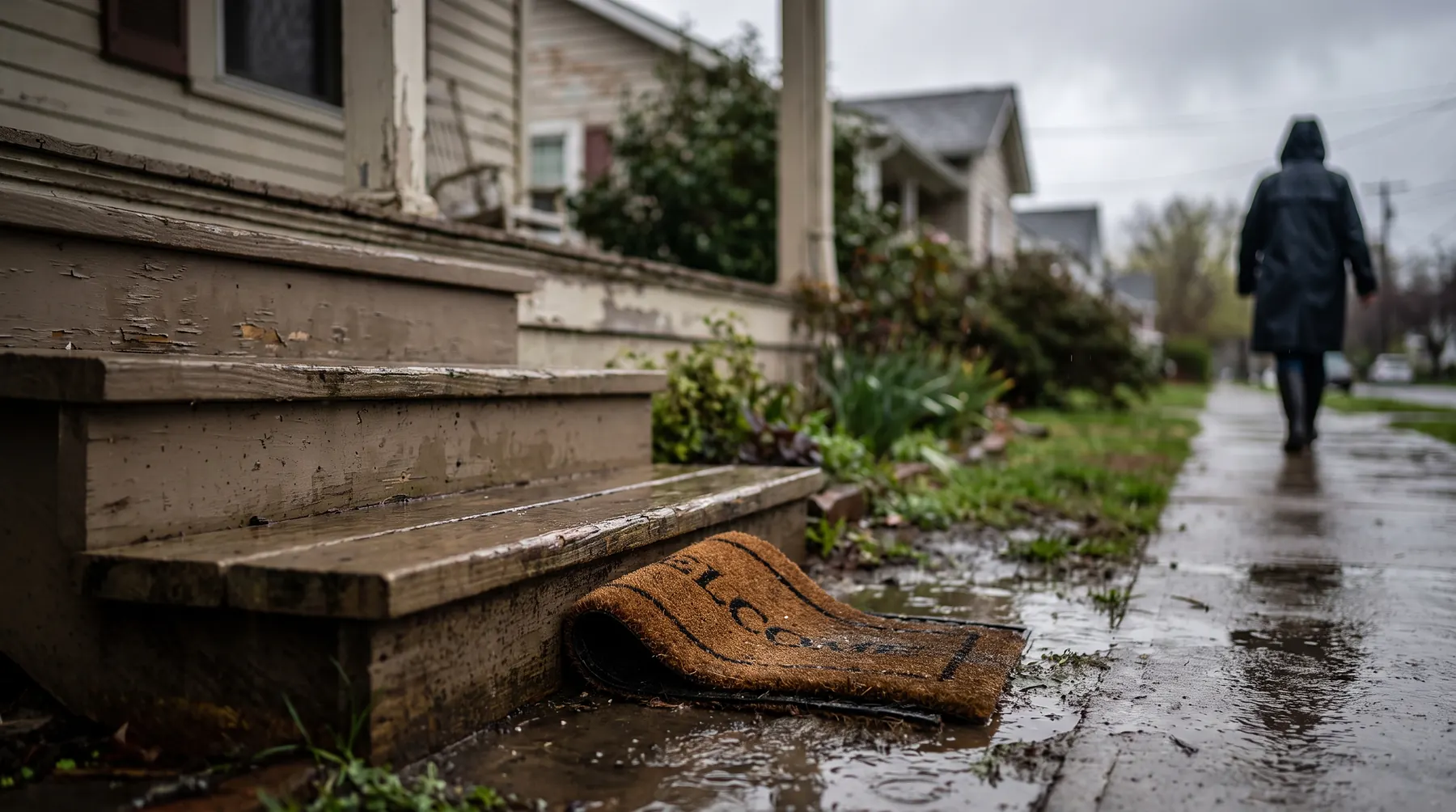Wet front porch steps of a suburban house after rain