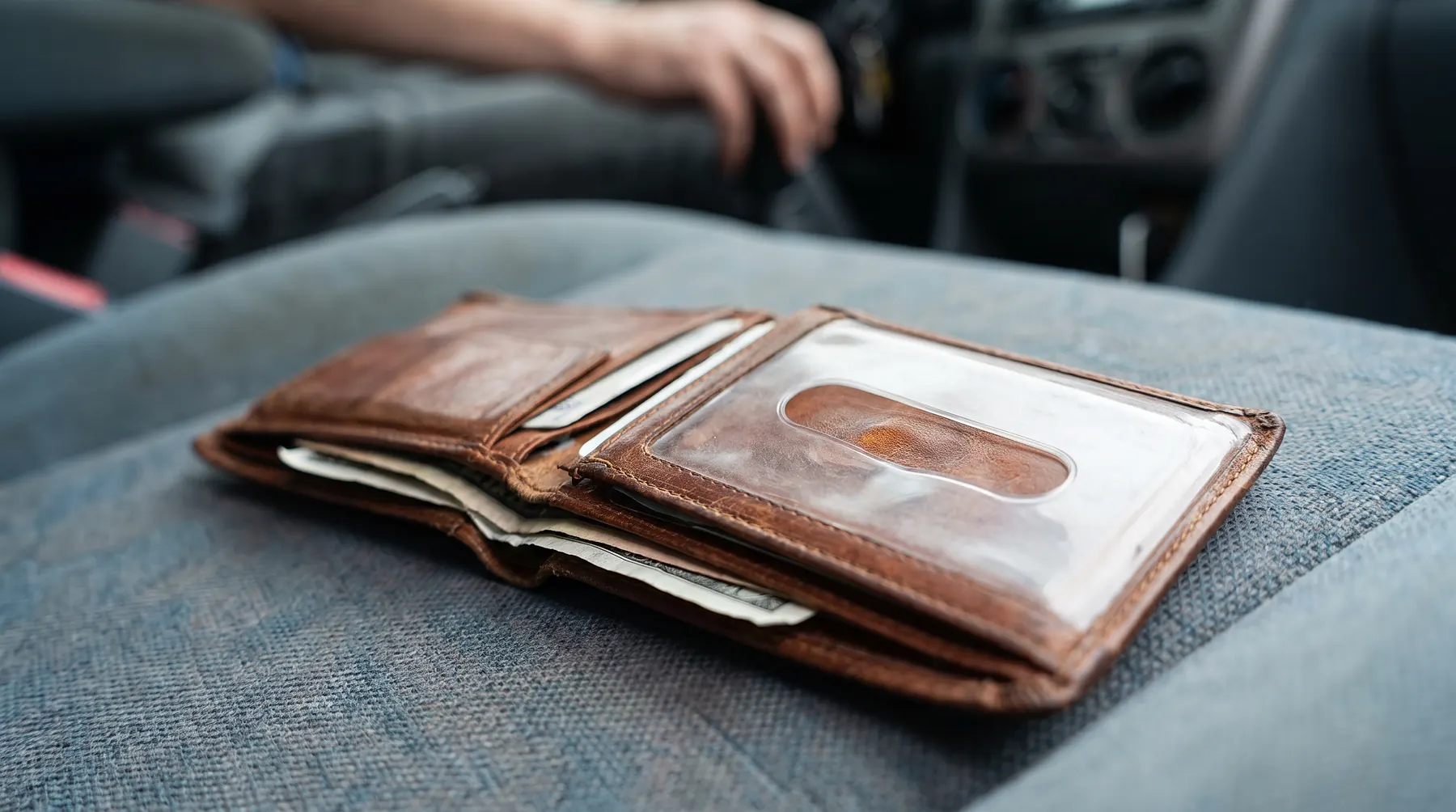 Open leather wallet on a car seat with an empty clear card slot where a driver's license would be