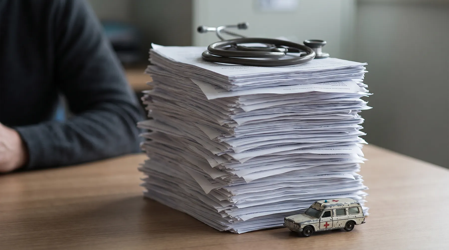 Tall stack of printed hospital bills with a stethoscope coiled on top