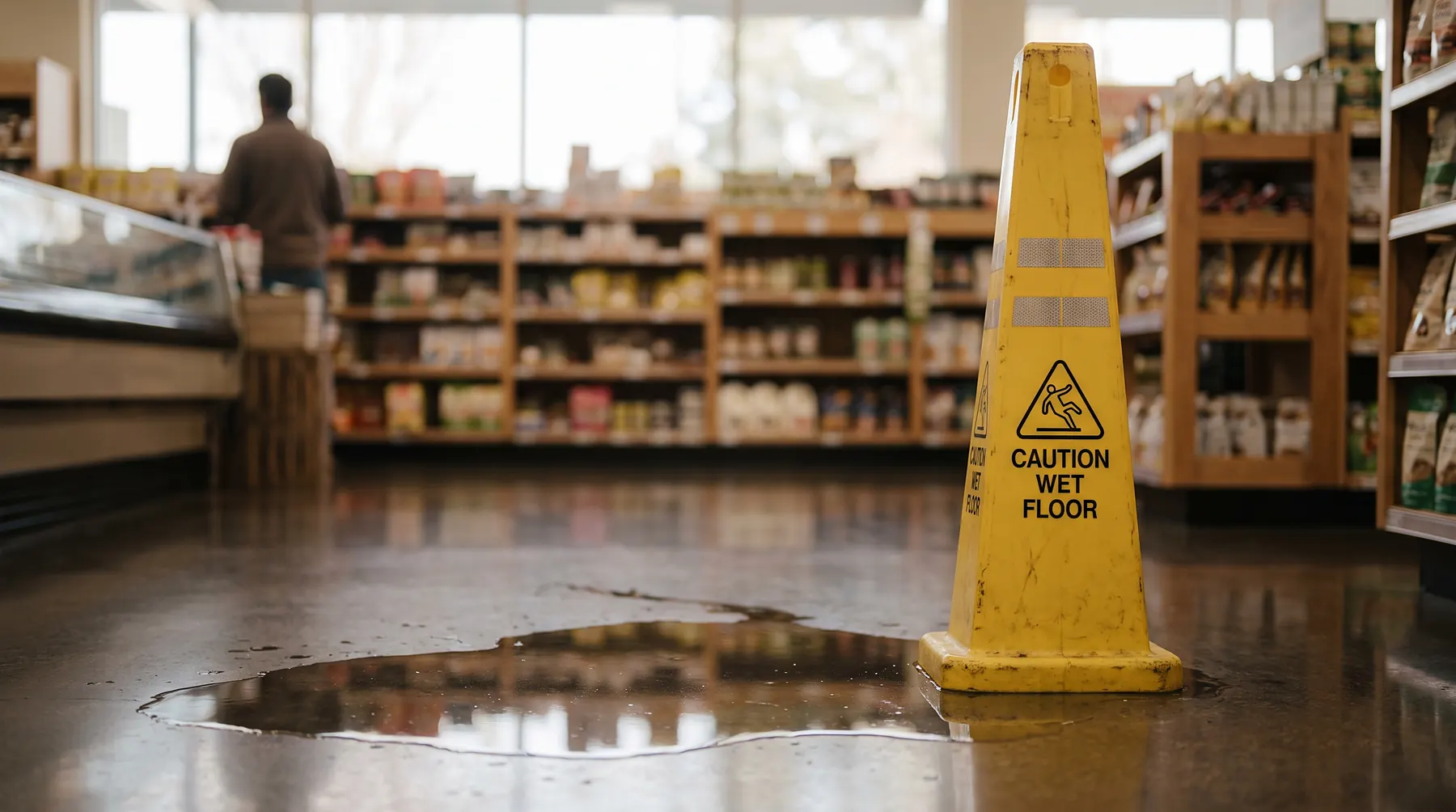 Yellow wet-floor caution cone standing beside a water spill on a polished store floor