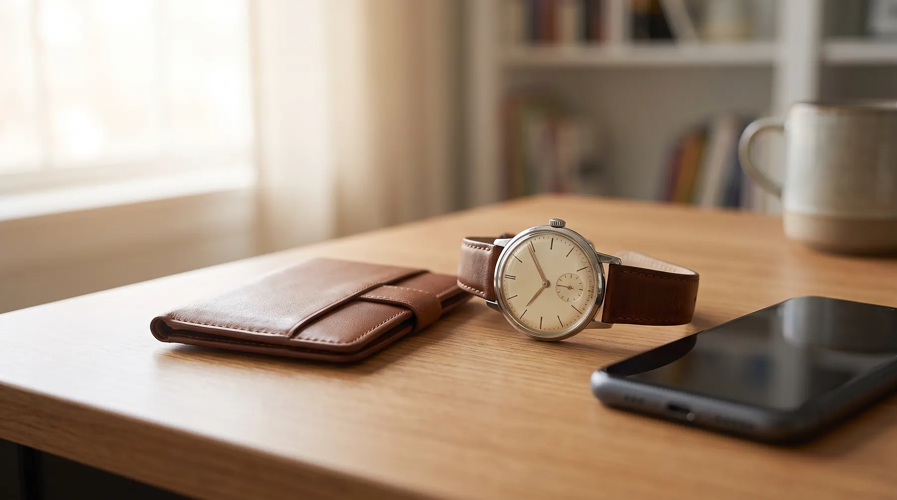Classic wristwatch lying on a tidy desk beside a business card holder and a smartphone