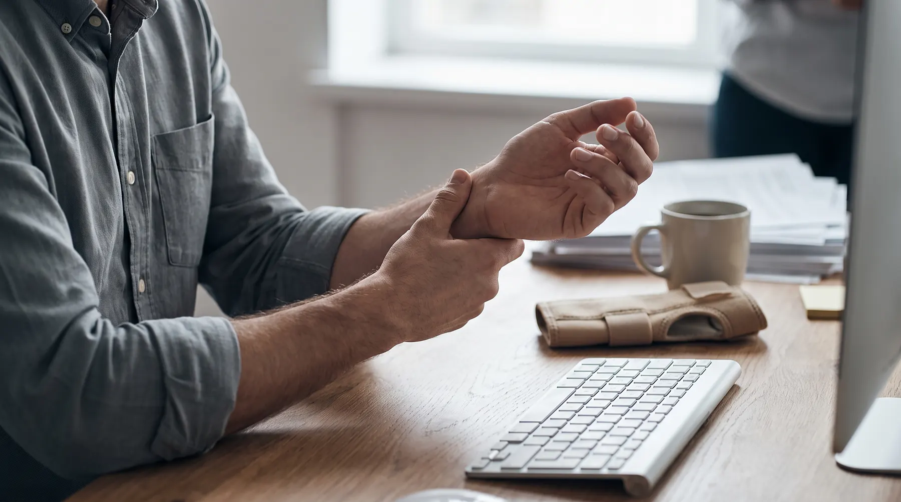 Office worker rubbing their wrist beside a computer keyboard