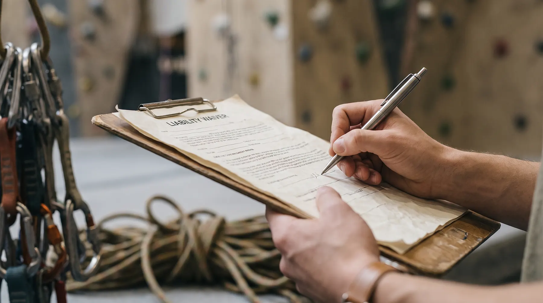 Liability waiver form on a clipboard being signed with a pen