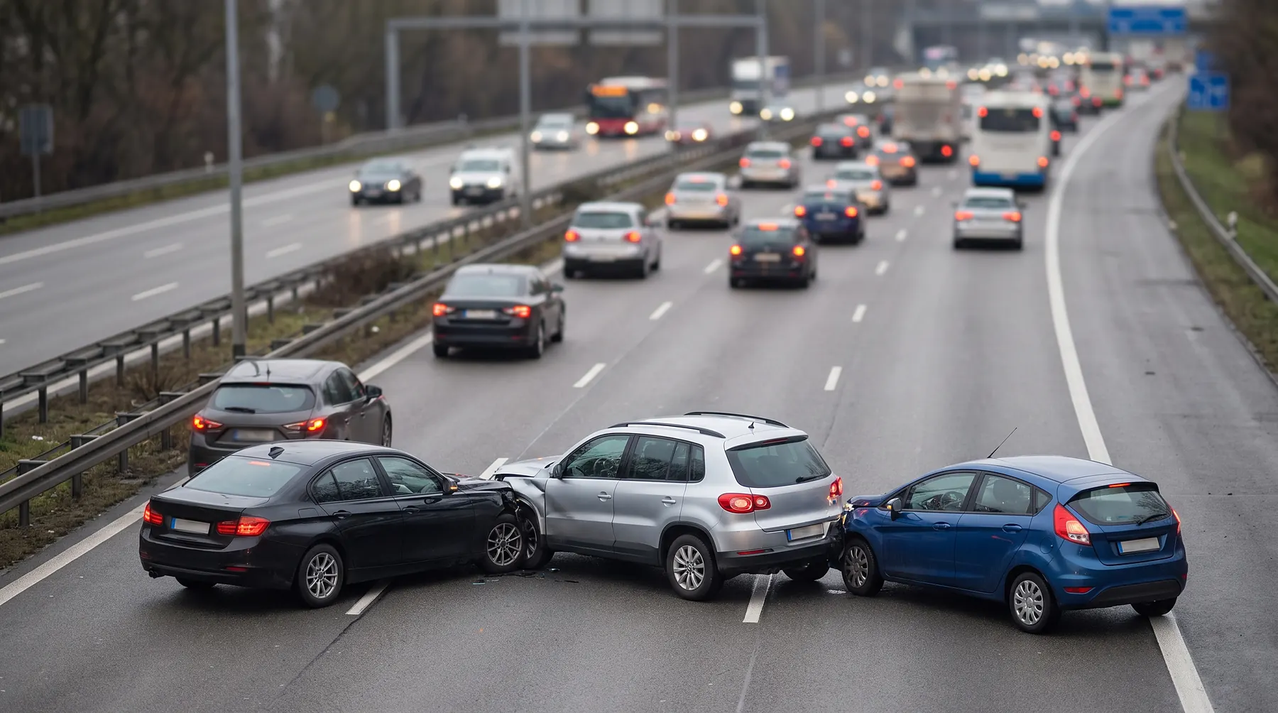 Three-car chain collision on a highway seen from a high angle