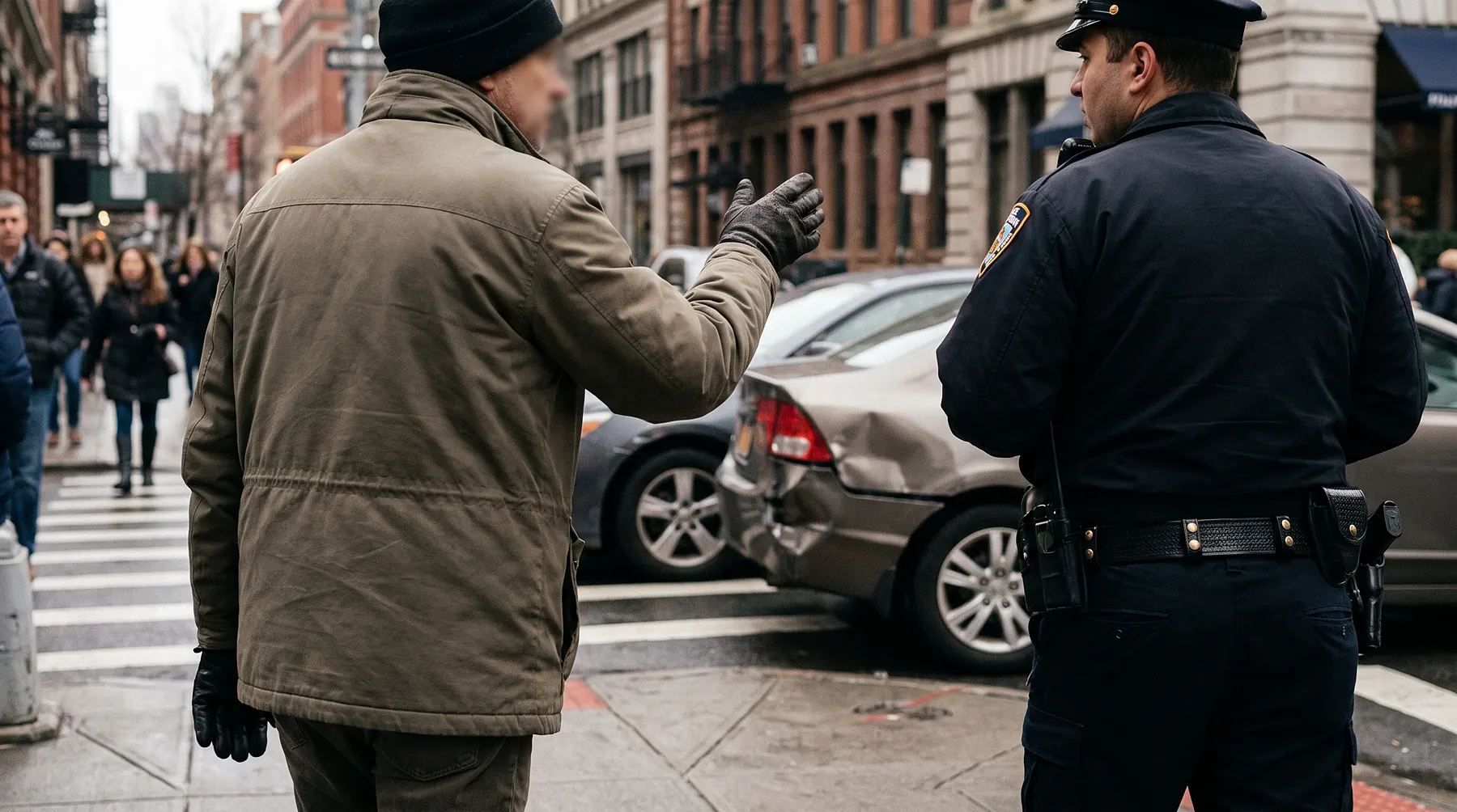 Bystander on a sidewalk pointing toward a minor fender-bender while speaking with a police officer
