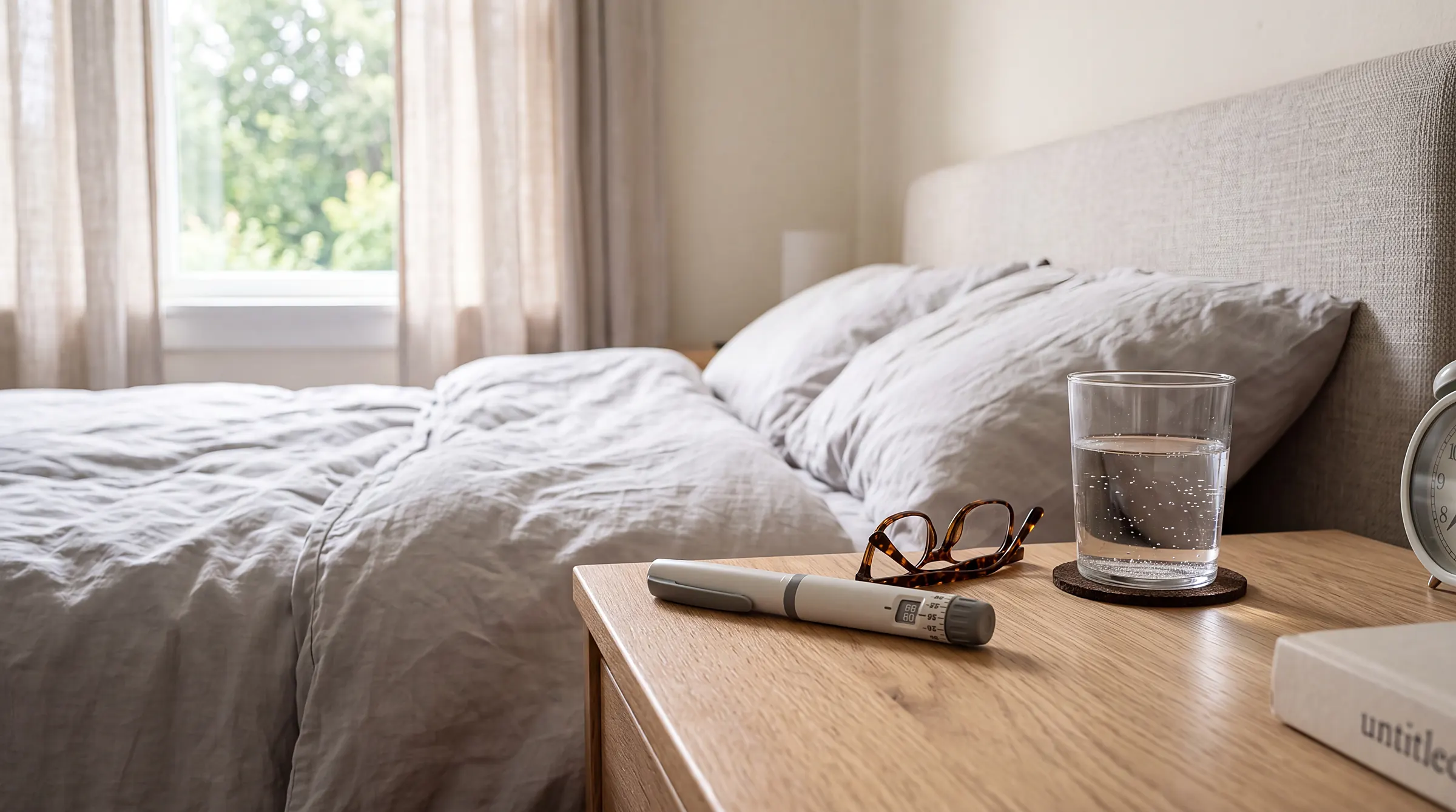 Medical injection pen on a bedside table next to a glass of water