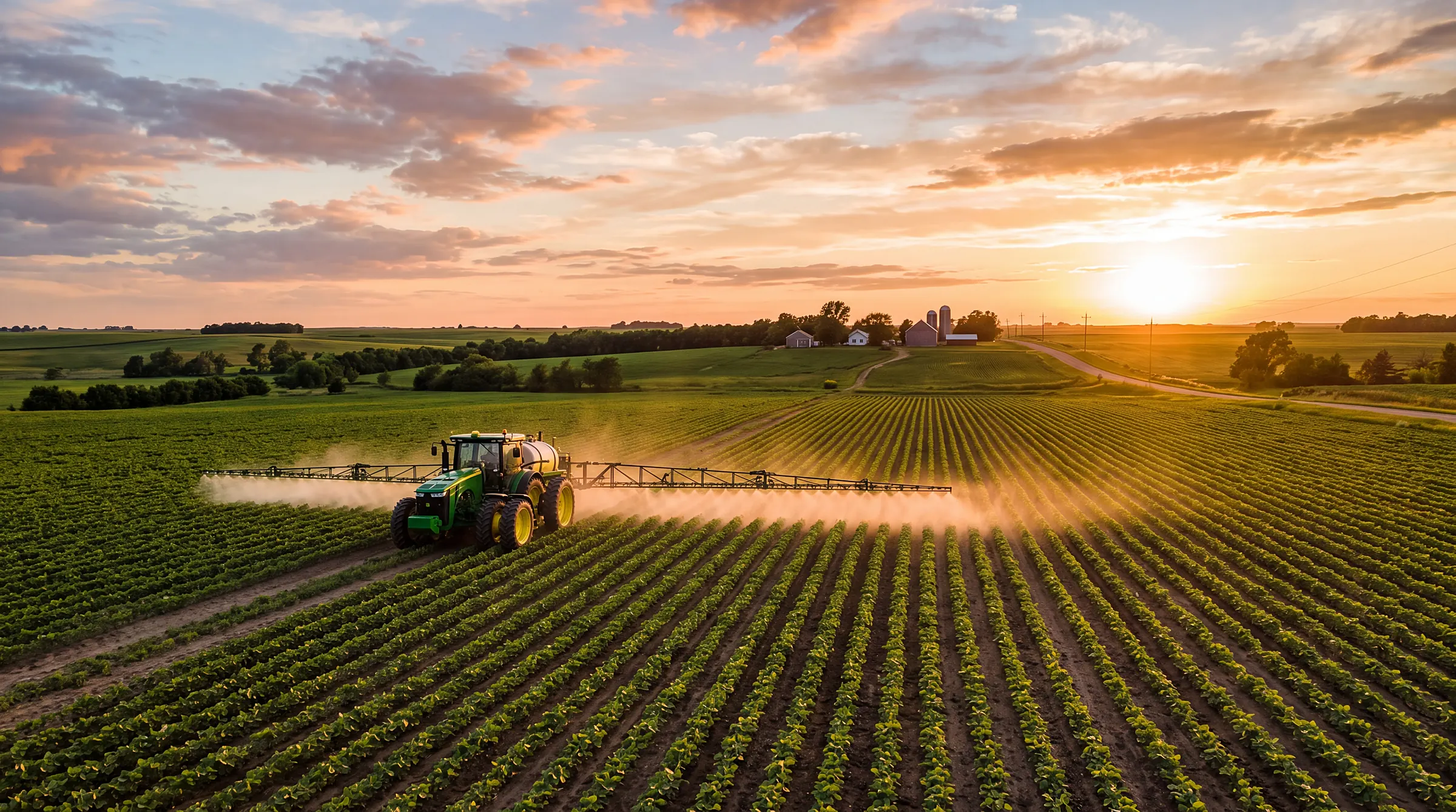 Tractor with a boom sprayer applying herbicide to a field